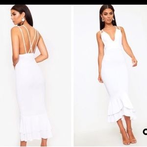 PrettyLittleThing White Ruched Bodycon Midi Dress